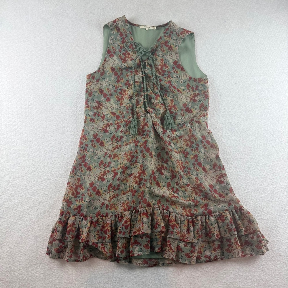 Tularosa Floral Lace Up Tassel Mini Dress Sage Green Red XS Sleeveless Ruffle